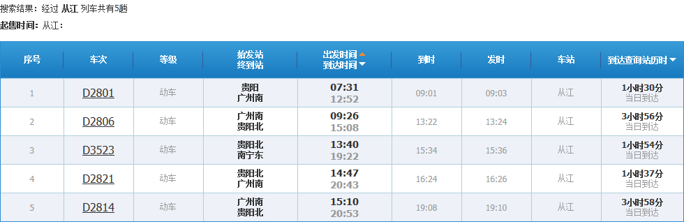 從江站火車時刻表