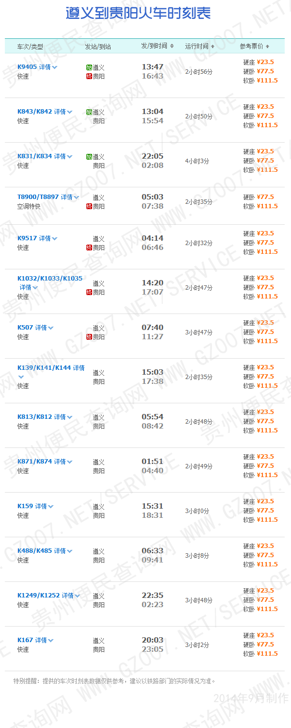 遵義到貴陽火車時(shí)刻表