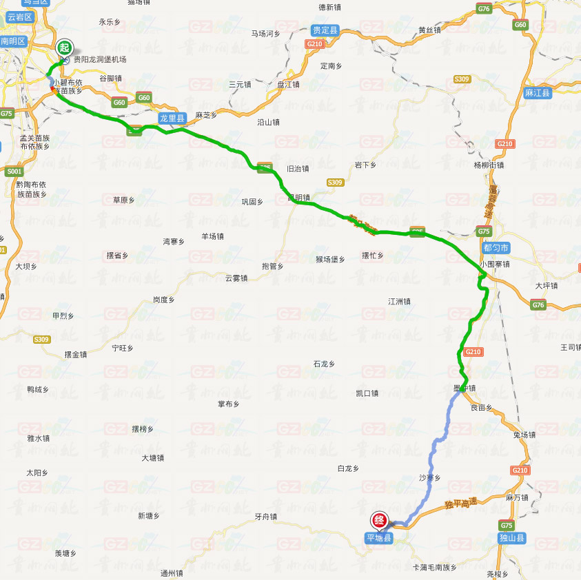 龍洞堡機(jī)場到平塘縣交通示意圖