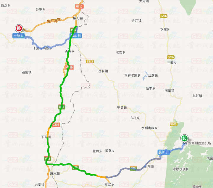 荔波機(jī)場到平塘縣的交通示意圖