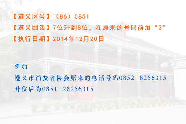 遵義固定電話號碼從12月20日升8位前面加2